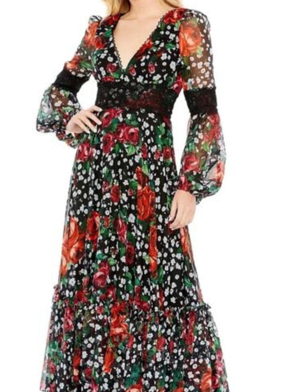 NWT Mac Duggal Style 11402 Black Maxi Dress with Red Rose & Green Leaf Print